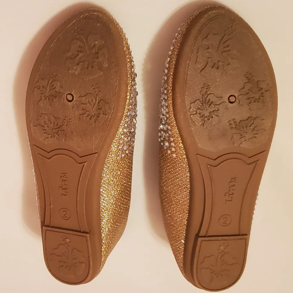 Girl's 2 Link Comfort Gold w/ Rhinestones Ballet Flat